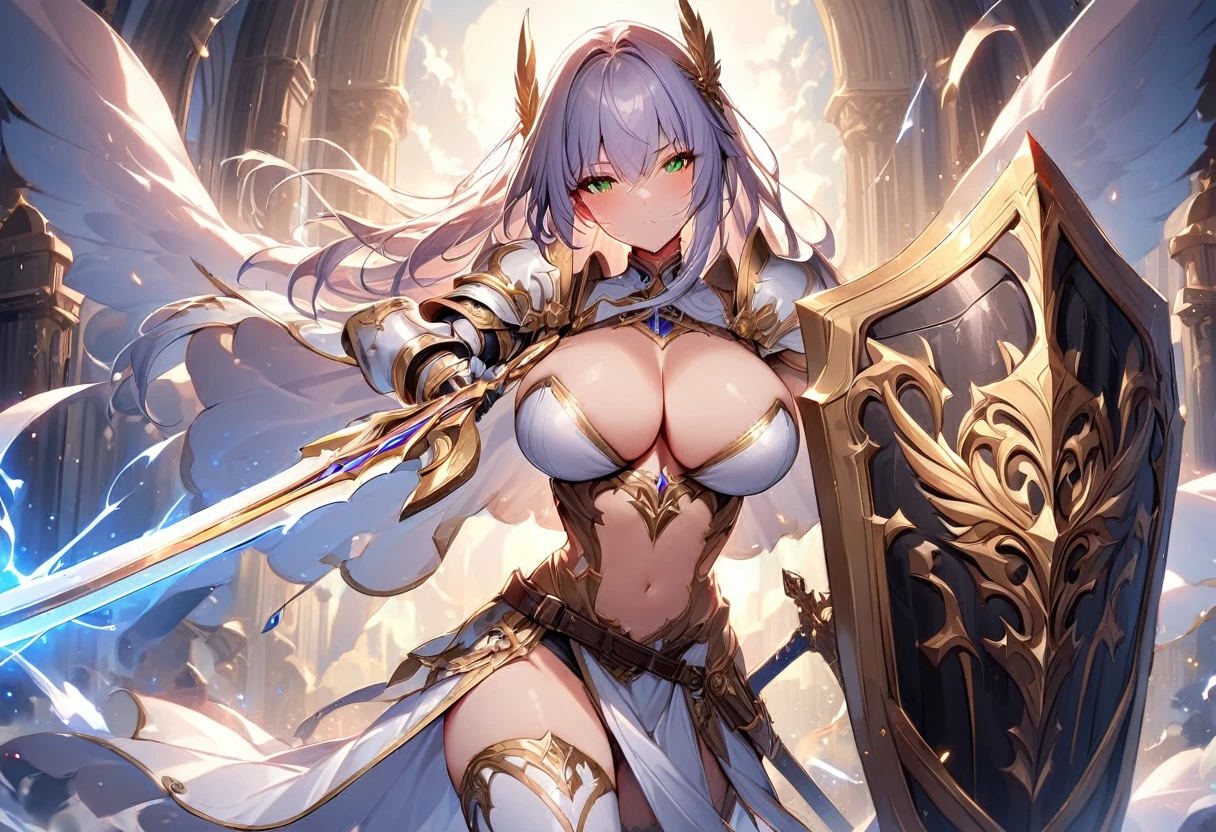 masterpiece,best quality, knight, long hair, silver hair, green eyes,((1girl)), (white_armor), golden ornaments, sword, shield, ((holding sword)), ((big breasts)), exposed belly, 1girl, cleavage, legs exposed, ((shield-over_arm)), ((Perfect face)),add_detail:1, add_detail:0, add_detail:0.5, ((Sword and shield))
