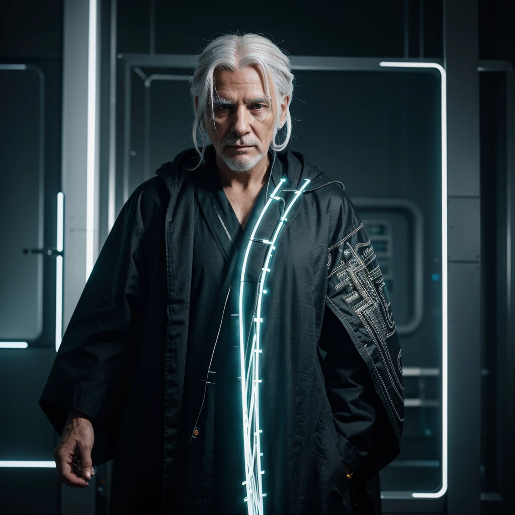 masterpiece,best quality,
line art,line style,(as style),
1old men,very long robe,male fouce,white hair,age up,A stunning,hyper-detailed photograph of a retrofuturistic cybertemptress. The subject is a old men,with an enhanced,cybernetic organic filigree leaf adornment,**** of circuits,wires,and optic fibers. he exudes a captivating and mysterious aura,surrounded by an electric atmosphere with neon lights and microchips. The scene is lit with cinematic and electric lighting,showcasing the correct physics and rendered in Unreal Engine with Octane.,