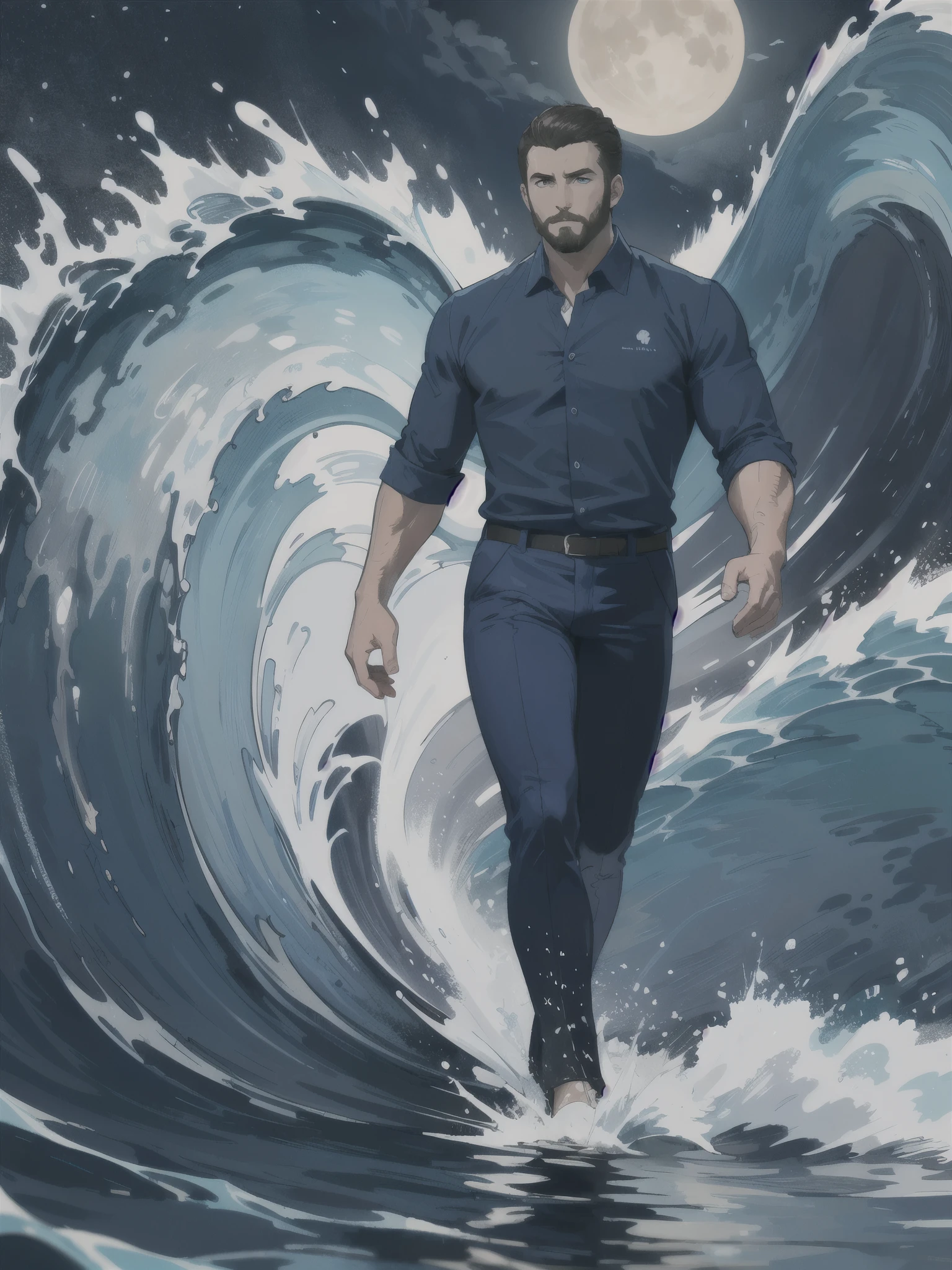 (Ocean greek god), hydromancer, muscular mature male, water magic, handsome, short beard, short hair, mystic, modern outfit, masterpiece, eye focus, best quality, anatomically correct, (((dark-blue royal shirt)), dark pants, intricate silver embroidery)), (walk on water: 1.15), water particles flying around, ocean, huge waves behind character, ((storm)), huge waves around character, night, night sky, mystic, moon,