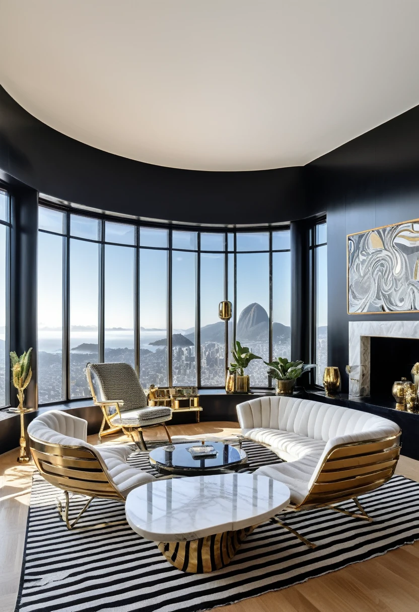 RAW photograph, Ultra Wide Angle, 16mm lens, whole room, contemporary living room with black walls, como Kelly Wearstler, very light wooden floor, large contemporary white linen armchair, huge black and white striped curved sofa, fireplace, large brutalist style console with minimalist vase with huge plant, pile of books, cubist sculptures in white marble, large windows , view of the city of Rio de Janeiro, Picasso paintings, Golden candlesticks, clear glass coffee table, ultra high nothing.photorrealistic::1.5, HDR, Ultra Realist, real photografic