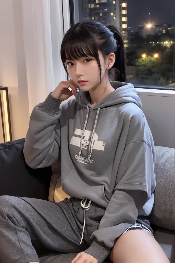 Cute 20 year old beauty、Mature、Works by Makoto Xin Haicheng、Japanese Idol、anime、Black hoodie、Grey shorts、Ponytail on Black、Working on the PC in the living room at night listening to jazz with headphones、Night view in the window、Little rain、Urban apartments