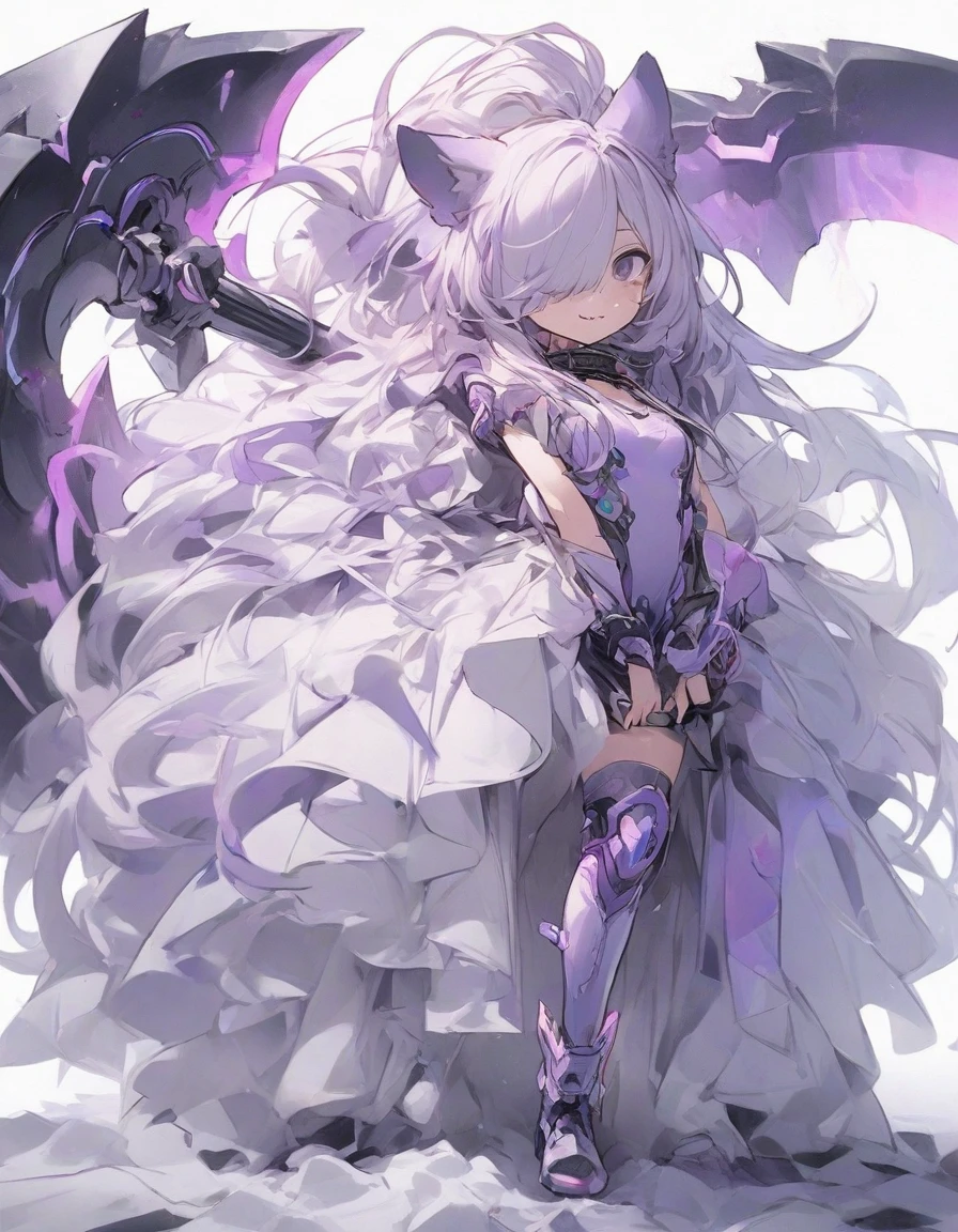 ,(1girl:1.2), {masterpiece), best quality, illustration, expressionless,chest,(purple hair:1.1),,,,bags_under_eyes, (hair over one eye:1.25),,, jimiko, long hair, big hair,(shaded face:1.1),wince, ,, darkness,(dog ears:1.1), chained collar,collar,smile,fang, ,,standing pose,1girl white background,purple cyber outfit, (cyber hi-tech boots:1.2), high resolution, digital painting, 8k high resolution, trending art station, white background, whole body. (hold on high tech energy axe:1.3),(full body:1.3),