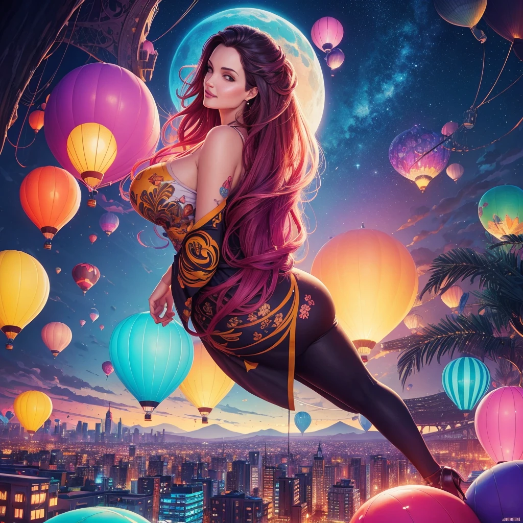 a painting of gigantic woman with face of Winona Ryder morphed with Angelina Jolie with colorful hair in a shape of tree and lianas, dalightful smile, a city skyline, hot air balloons, flying bulbs and plant trees in the air, beeple and jeremiah ketner, dan mumford tom bagshaw, colorfull digital fantasy art, inspired by Cyril Rolando, inspiring digital art, colorful digital painting, paint splashes, paint driping, gorgeous digital art, beautiful art uhd 4 k, stunning digital illustration, vibrant digital painting, stylized digital art