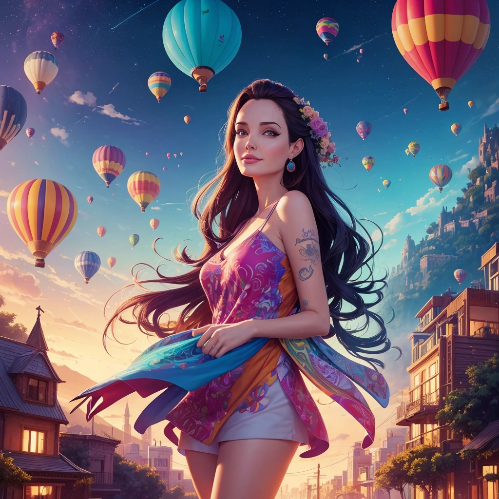 a painting of gigantic woman with face of Winona Ryder morphed with Angelina Jolie with colorful hair in a shape of tree and lianas, dalightful smile, a city skyline, hot air balloons, flying bulbs and plant trees in the air, beeple and jeremiah ketner, dan mumford tom bagshaw, colorfull digital fantasy art, inspired by Cyril Rolando, inspiring digital art, colorful digital painting, paint splashes, paint driping, gorgeous digital art, beautiful art uhd 4 k, stunning digital illustration, vibrant digital painting, stylized digital art