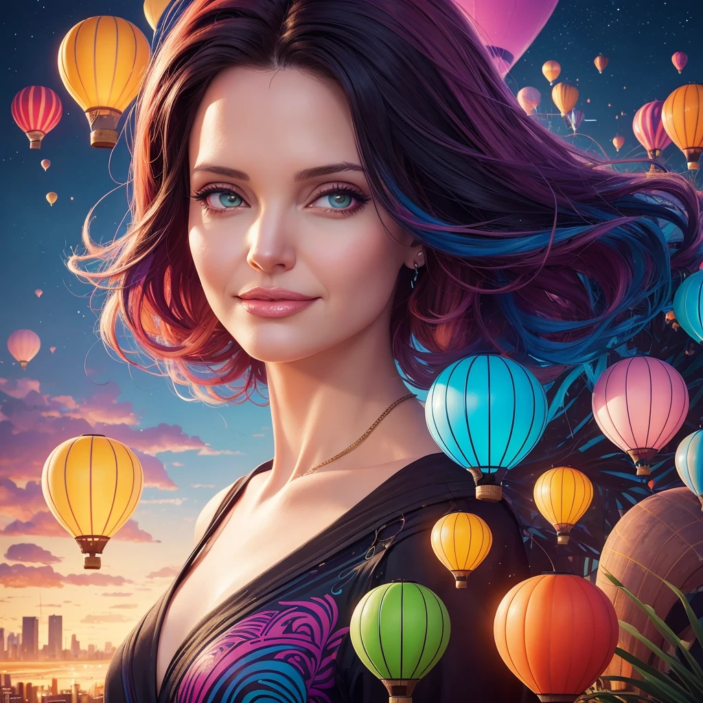 a painting of gigantic woman with face of Winona Ryder morphed with Angelina Jolie with colorful hair in a shape of tree and lianas, dalightful smile, a city skyline, hot air balloons, flying bulbs and plant trees in the air, beeple and jeremiah ketner, dan mumford tom bagshaw, colorfull digital fantasy art, inspired by Cyril Rolando, inspiring digital art, colorful digital painting, paint splashes, paint driping, gorgeous digital art, beautiful art uhd 4 k, stunning digital illustration, vibrant digital painting, stylized digital art