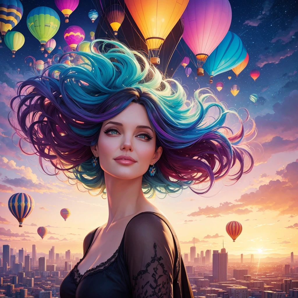 a painting of gigantic woman with face of Winona Ryder morphed with Angelina Jolie with colorful hair in a shape of tree and lianas, dalightful smile, a city skyline, hot air balloons, flying bulbs and plant trees in the air, beeple and jeremiah ketner, dan mumford tom bagshaw, colorfull digital fantasy art, inspired by Cyril Rolando, inspiring digital art, colorful digital painting, paint splashes, paint driping, gorgeous digital art, beautiful art uhd 4 k, stunning digital illustration, vibrant digital painting, stylized digital art