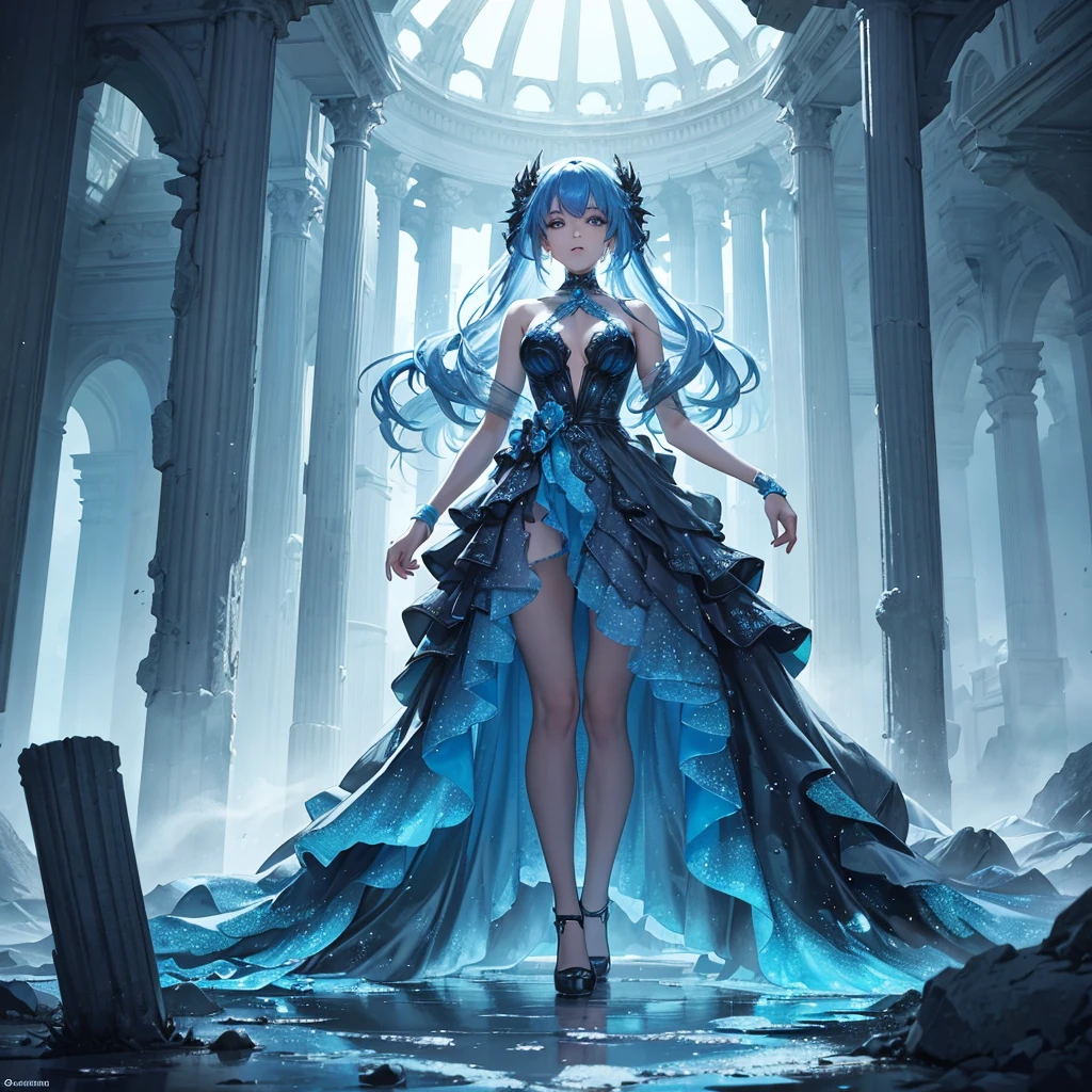 Imagine an animation set in a landscape of ancient ruins composed of minerals that shimmer with metallic blue hues. At the heart of this surreal landscape stands a beautiful girl, dressed in a gown that appears to be made of swirling metallic blue smoke, flowing and twisting around her like it has a life of its own. As the story unfolds, the mineral ruins reveal their mysteries, emitting faint glimmers of light that subtly illuminate the surroundings. The girl seems in harmony with the landscape, her enigmatic presence suggesting a deep and ancient connection between herself and the ruins.