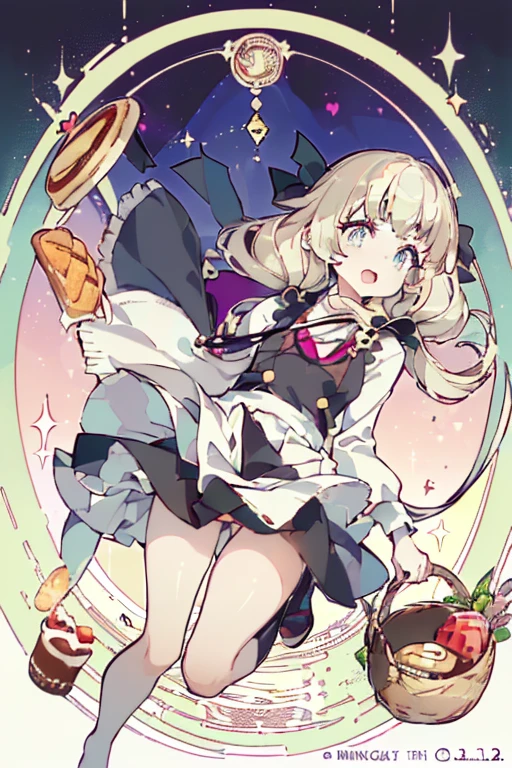 (perky chest:1.2), (pointed chest:1.2),(((Black Tunic:1.3))),(((cakes and bread in the basket),Cute and beautiful girl,Cute round face,Cute smile,with blush cheeks,Red Lip,a girl 22 years old, nsfw:1.2, beautiful body:1.3), shinny skin, BREAK, ((alice in the wonderland:1.3, cute, kawaii, lovely, funny, a girl falling down from sky:1.3, girl flying in sky:1.2, girl floating in air:1.3, rolling upskirt by wind:1.5, (with sparkling eyes and a contagious smile),open mouth, Looking at Viewer, surprised, putting hands on crotch over the skirts:1.35)), BREAK, ((floating things as follows:1.3, PlayingCards, Trump, tea cup, tea pot, tea spoons, pocket watch:1.3, lip sticks, candies:1.2, cookies, jam bottles, classical door_keys)), ((long purply_Blue dress :1.5, wearing long flaired skirt:1.3, the skirt is blowing:1.3, cute White Apron, black stockingedium long platinum-blonde hair:1.2, twin tail hair:1.6, tied hair with a large ribbon), (Blue eyes, bright pupils with highlights, detailed eyes), (lying down on your back:0.7, spreading legs with rising up straight:0.7), sexy posture, fantastic colorful art, (fantasy art:1.2, wondered images), ((correct anatomy:1.5, perfect anatomy:1.3, correct hand, small foot:1.2)),