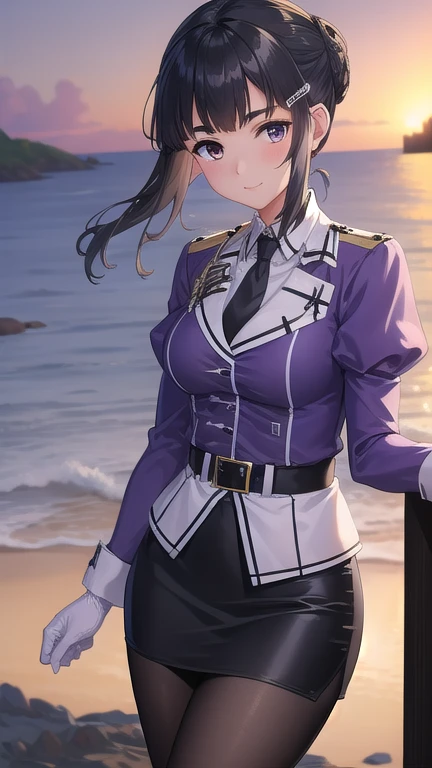 ((masterpiece)),(best quality),official art,extremely detailed CG,unity 8k wallpaper,ultra detailed,A lighthouse on a cliff by the sea,1girl,solo,cowboy shot,myoukou (kantai collection),medium breasts,blunt bangs,black hair,black skirt,hair bun,long sleeves,white pantyhose,pencil skirt,puffy long sleeves,puffy sleeves,looking at viewer,thick eyebrows,military uniform,white gloves,eyebrows visible through hair,high heel boots,purple jacket,hair ornament,hairclip,black necktie,black belt,