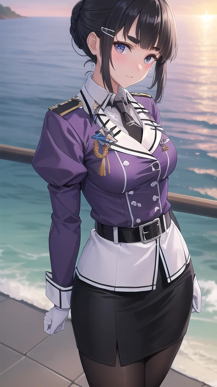 ((masterpiece)),(best quality),official art,extremely detailed CG,unity 8k wallpaper,ultra detailed,A lighthouse on a cliff by the sea,1girl,solo,cowboy shot,myoukou (kantai collection),medium breasts,blunt bangs,black hair,black skirt,hair bun,long sleeves,white pantyhose,pencil skirt,puffy long sleeves,puffy sleeves,looking at viewer,thick eyebrows,military uniform,white gloves,eyebrows visible through hair,high heel boots,purple jacket,hair ornament,hairclip,black necktie,black belt,