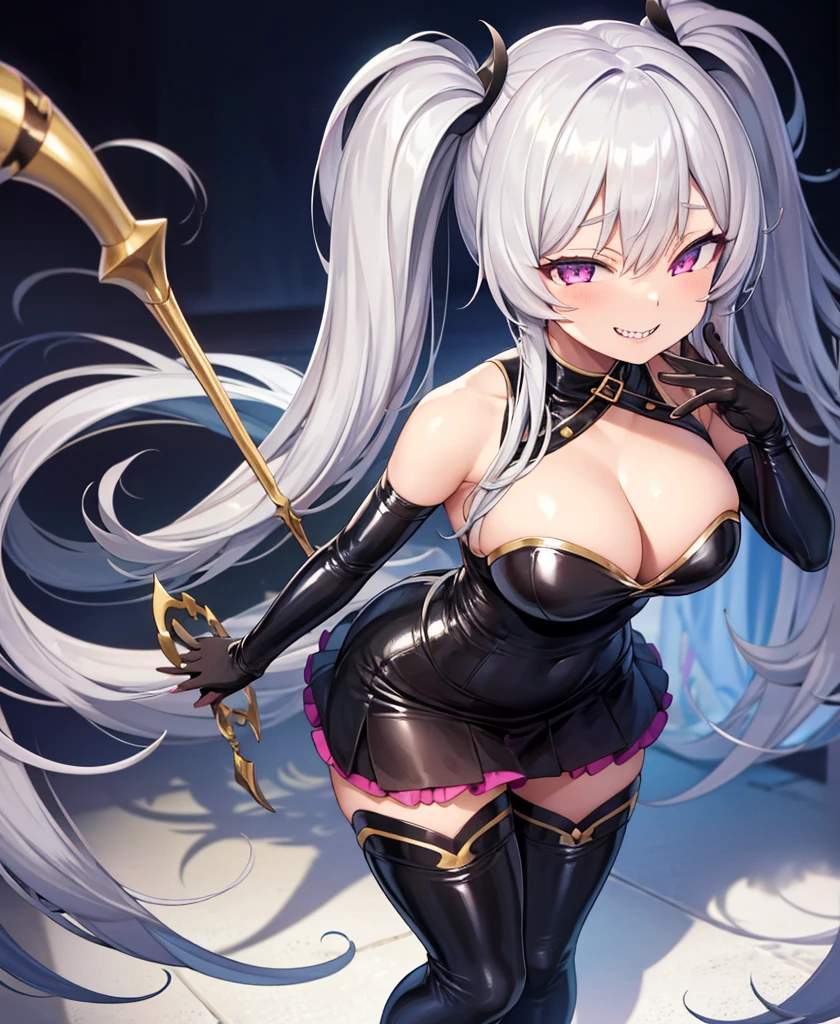 (Front Focus),(In the Dark:1.6), (masterpiece, Highest品質, Highest, 19 years old, Large Breasts, Triple D cup breasts, sexy, Excited, Round ass, Plump butt, Healthy and strong, thin body, Fuller lips, , Official Art, beautifully、aesthetic:1.2), Game CG, Extremely detailed and realistic CG, colorful, masterpiece, Highest品質, Jewel-like eyes, One girl, alone, (Gray Hair:1.5), Shiny Hair, Very long straight hair, Twin tails, thin, thin脚, Magical girl, Black magic dress, Layered mini skirt, Panty shot, Black trousers, Magic Boots, Absolute area, Iris, Hollow Eyes, Cleavage, black elbow gloves, latex, Grin, smile, Jig eyes, Close, Half-closed eyes, tsurime, From a viewpoint, Highest quality eyes, Sharp teeth, Tsundere, Are standing, Contrasting, teasing, Conceit, Open your mouth, tooth, Sticking out tongue, (Sharp focus:1.2),Bad face,,,two hands,Two legs,five fingers,evil background,elbow gloves,latex, Wicked Smile, devilish aura (Shiny fabric:1.5),Evil Darkness,Sadistic smile,Black knee socks