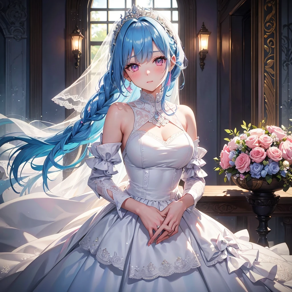 Sky Blue Medium Hair, (Braided Hair),(Pink Eyes),Fair skin ,(whole body),(1 girl),bride,blush,Straight bangs, 6月のbride,Wedding dress,(masterpiece, Highest quality, Very detailed, Best Shadow), (Detailed Background), (Beautifully detailed face), High Contrast, (Best lighting, Very delicate and beautiful), ((Cinematic Light)), colorful, Hyper Detail, Dramatic Light, Intricate details,Wedding hall,