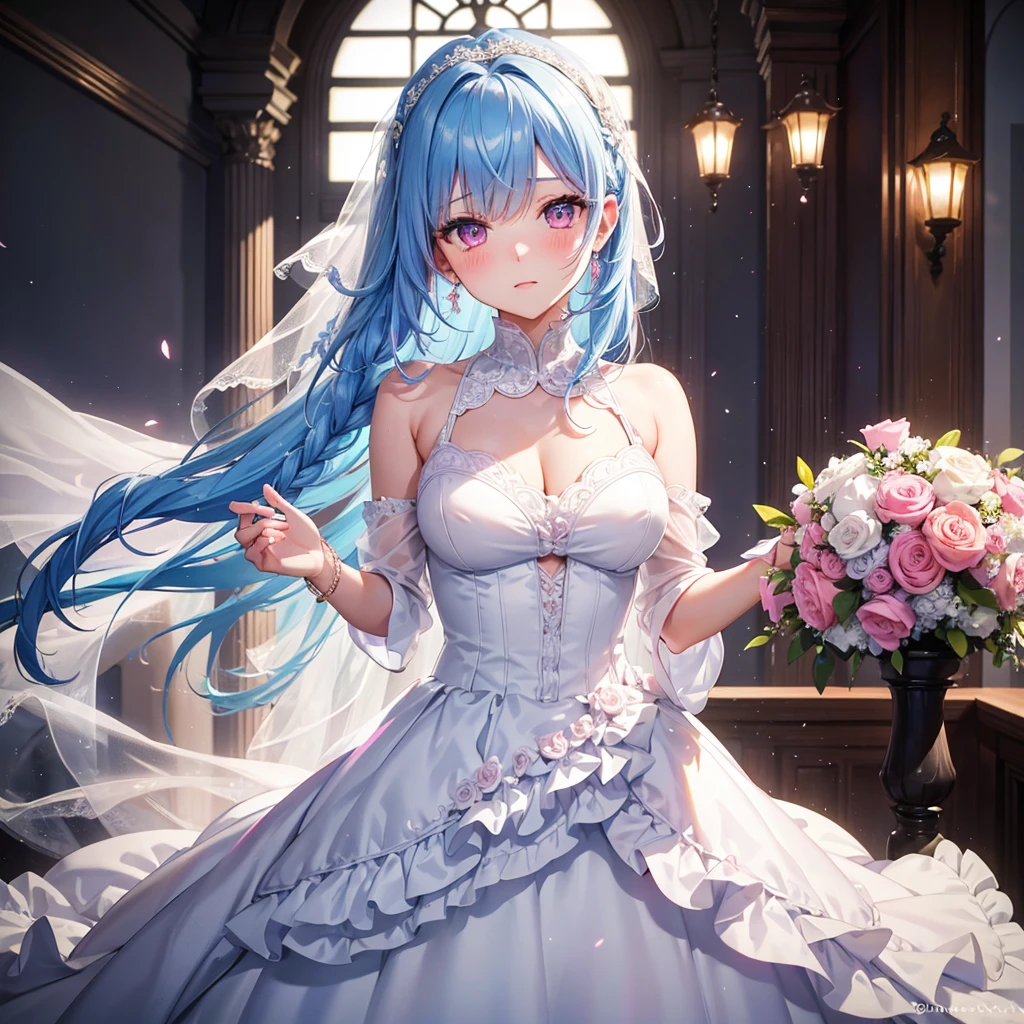 Sky Blue Medium Hair, (Braided Hair),(Pink Eyes),Fair skin ,(whole body),(1 girl),bride,blush,Straight bangs, 6月のbride,Wedding dress,(masterpiece, Highest quality, Very detailed, Best Shadow), (Detailed Background), (Beautifully detailed face), High Contrast, (Best lighting, Very delicate and beautiful), ((Cinematic Light)), colorful, Hyper Detail, Dramatic Light, Intricate details,Wedding hall,