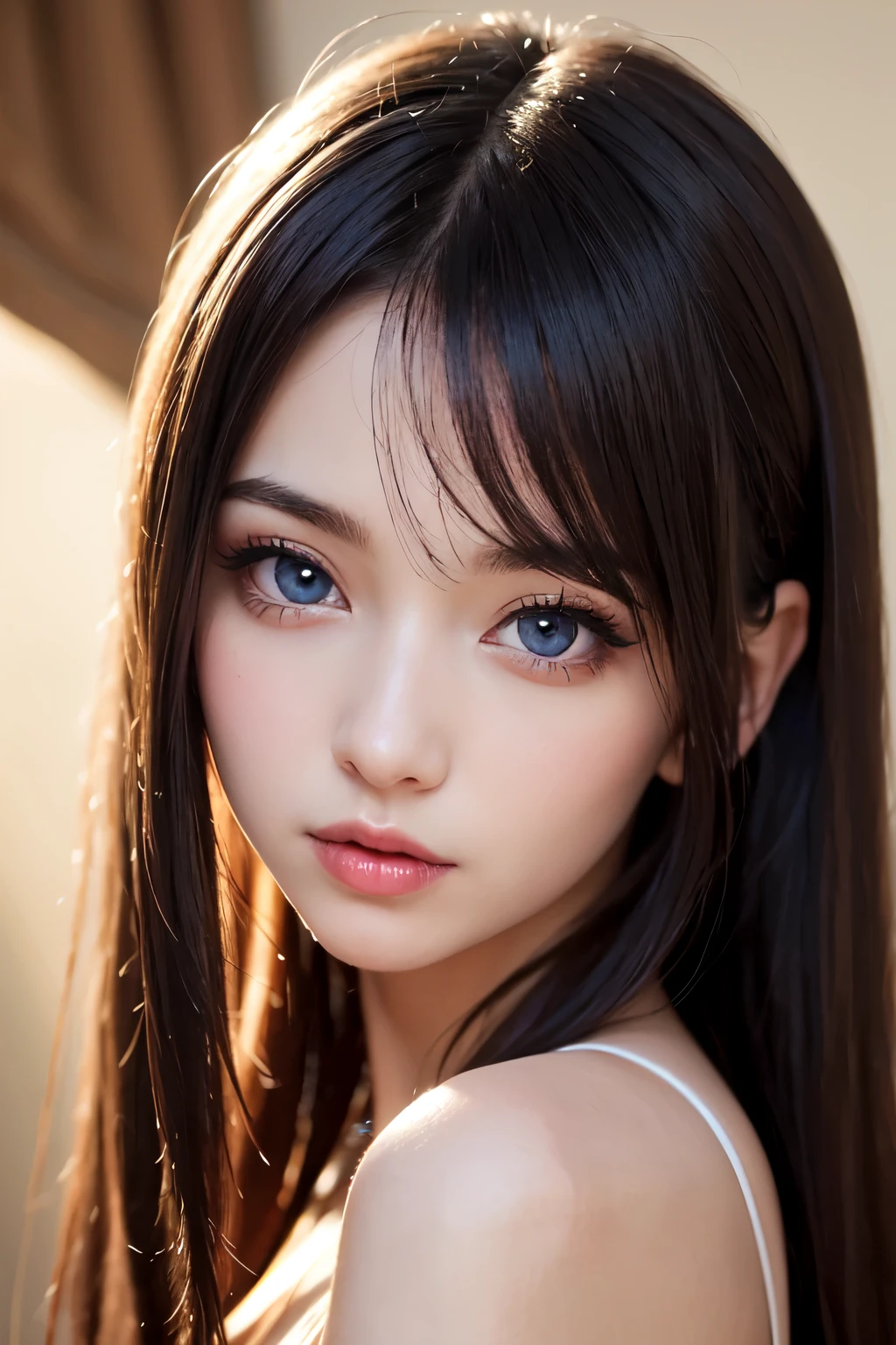 masterpiece, best quality, beautiful young woman, shiny blue eyes, (detailed pupils:1.2), eyelash, beautiful light black hair, streaked hair, multi color, medium hair, perfect face, detailed,