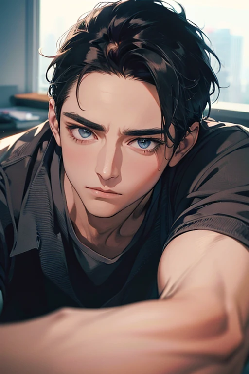 (Best Quality,4k,8k,high resolution,Masterpiece:1.2),ultra detailed,(realist,photorealist,photo-realist:1.37),1 man,31 years,mature man,very handsome,without expresion,muscled body,short gray black hair,Blue eyes,glare,perfect face without mistakes,imposing posture,businessman,office background,cinematic lighting,imagen HDR