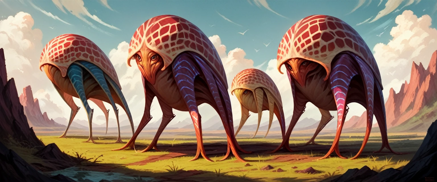 A bizarre alien grazing creature, extraterrestrial wildlife, large herd of imaginative alien animals, detailed alien anatomy, intricate alien textures and patterns, cinematic lighting, fantasy landscape, dramatic composition, surreal color palette, highly detailed, 8K, photorealistic, masterpiece