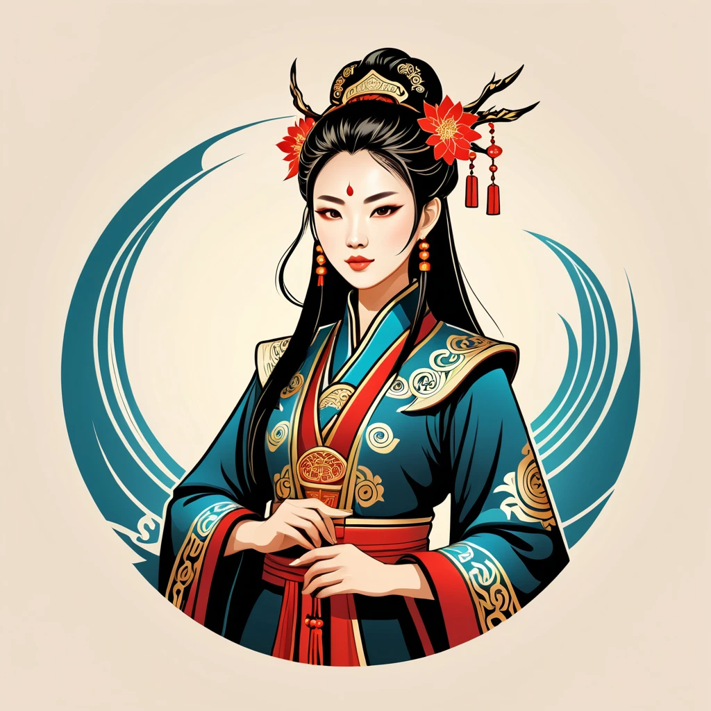 female warmage in chinese folk outfit, vector graphics, strong contours, logo design