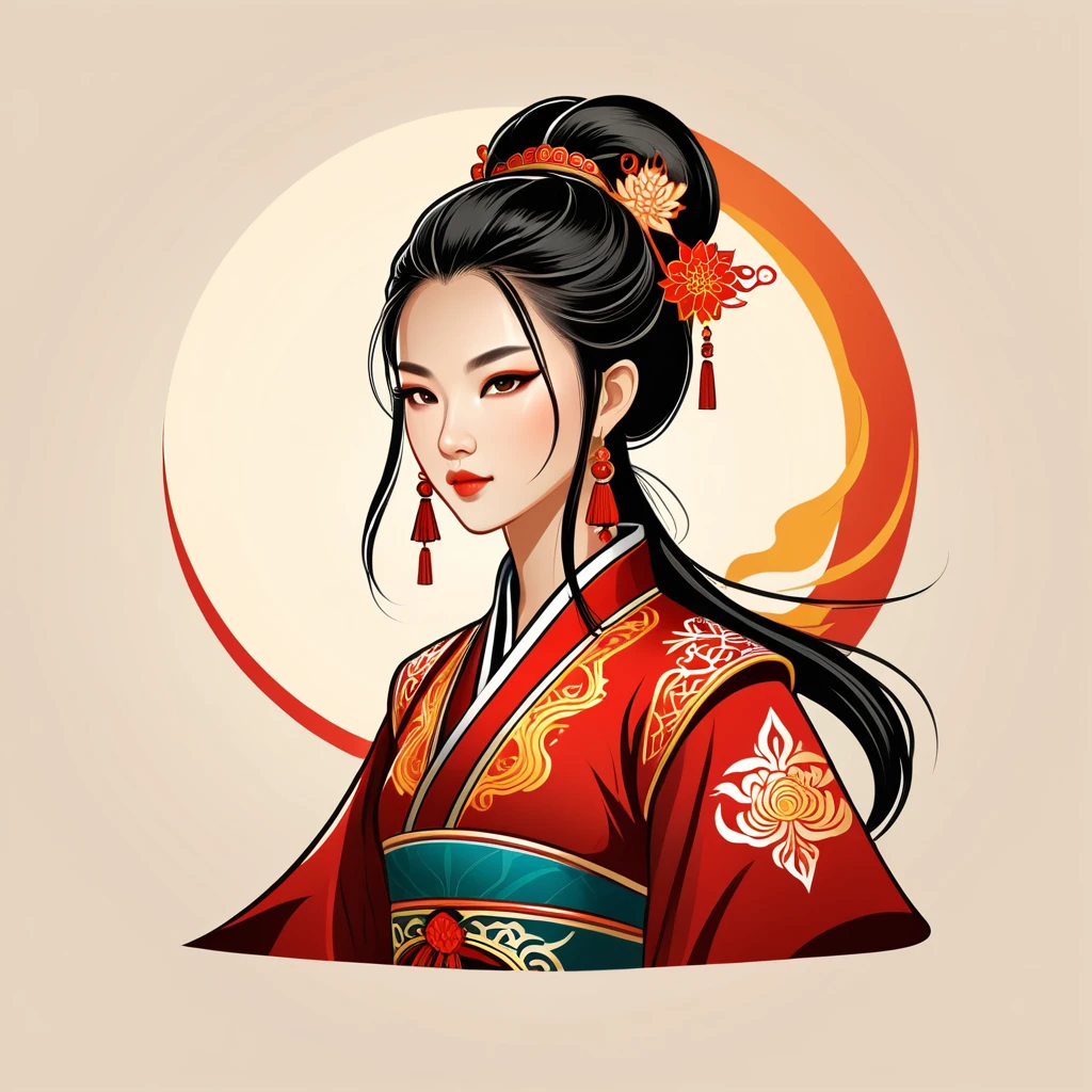 female warmage in chinese folk outfit, vector graphics, strong contours, logo design