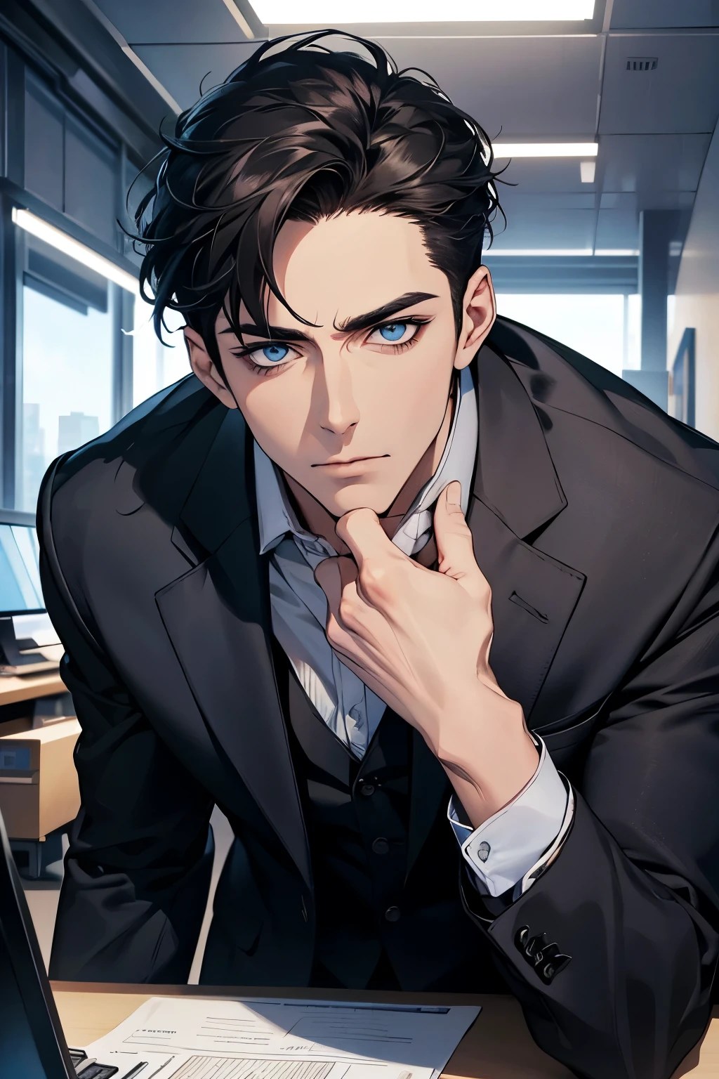 (Best Quality,4k,8k,high resolution,Masterpiece:1.2),ultra detailed,(realist,photorealist,photo-realist:1.37),1 man,31 years,mature man,very handsome,without expresion,muscled body,short gray black hair,Blue eyes,glare,perfect face without mistakes,imposing posture,businessman,office background,cinematic lighting,imagen HDR
