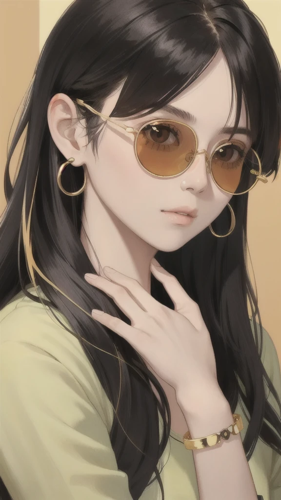a close up of image of girl with glasses and gold hair and long neck, 1girl, solo, long hair, tinted eyewear, round eyewear, sunglasses, jewelry, black hair, bangs
