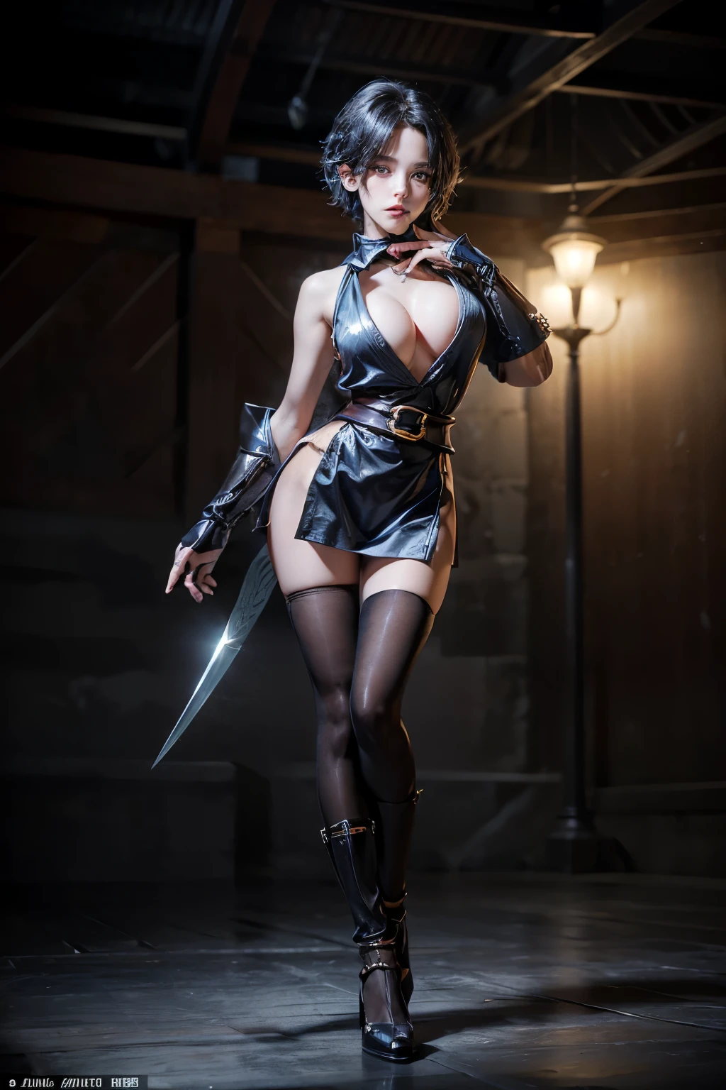 (RAW shooting, Photoreal:1.5, 8k, highest quality, masterpiece, ultra high resolution), perfect dynamic composition:1.2, Fight:1.2, Highly detailed skin and facial textures:1.2, Glamourous female ninja with a sharp dagger:1.3, beautiful and aesthetic:1.2, sexy beauty, perfect style, belief, Strong-willed, revenge, Fair skin, very beautiful face, (large breast, Chest gap), (wearing a sexy pupple ninja costume:1.2), (beautiful red eyes, Eyes that feel beautiful eros:1.0), (Too erotic:0.9, Bewitching:0.9), (full body photo:1.2), (perfect limbs:1.2), (perfect fingers:1.2),(ragnarok_ninja:1.2),(black short hair:1.2),(simple background:1)