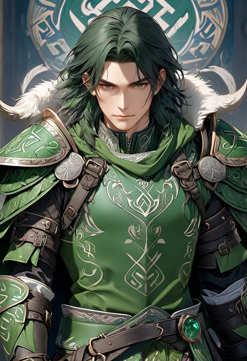 masterpiece, 8k, best quality, highly detailed, a male human warrior wearing green leather armor with runic designs on it