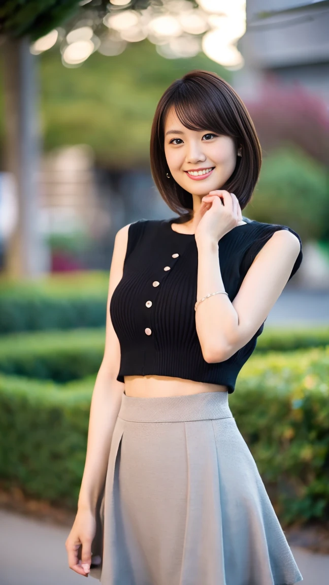 masutepiece, Best Quality, Photorealsitic, finely detail, hight resolution,beautiful japanese woman,beautiful detailed eyes, beautiful detailed lips, extremely detailed face, small head, small areola, cinematic lighting, photorealistic, 8k, high quality, hyper detailed, look at me,smile,(crop top knit:1.2),(mini skirt),(random location),(medium breasts:1.2),(inoueseika),slender,beautifull legs,(standing:1.2), (bokeh:1.3), (black over-the-knee socks:1.2),