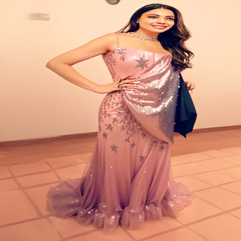 araffe woman in a pink dress standing in a room, wearing a shiny dress, wearing an evening dress, by Amelia Peláez, Posing!!, glitter dress, by Olivia Peguero, total body length, sequins, wearing a long dress, wearing a pink floral dress, wearing a dress made of stars, High details!, Full view, wearing an elegant dress