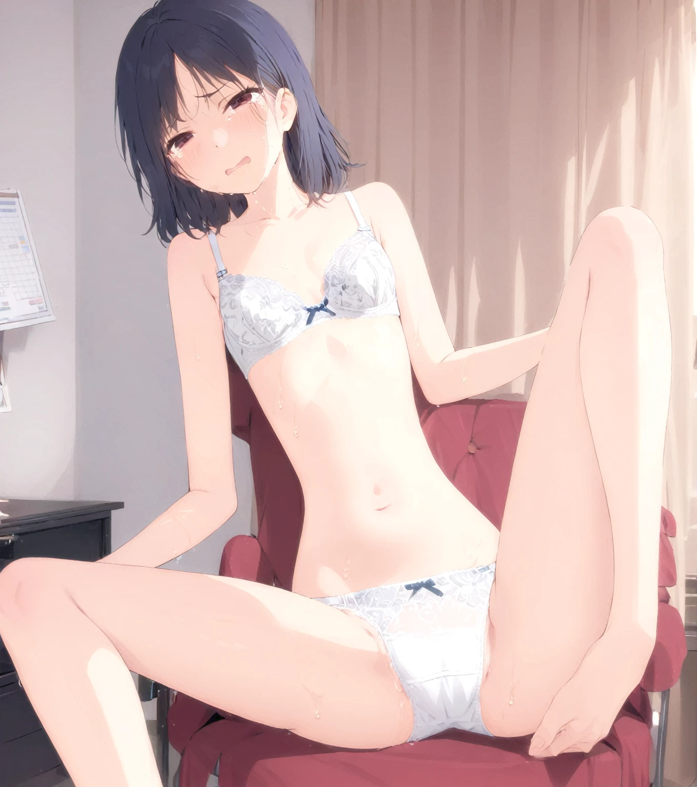 One person、masterpiece、Highest quality、Super detailed、High resolution illustrations、Improve skin quality、Increase eye appeal、Drawn in detail、Perfect body structure、Middle-aged female office worker、Spread your legs、Showing white panties、Showing off her white bra、Are thin、Flat chest、Long black hair、Tears well up in my dark eyes、Slanted Eyes、Quiet anger、Sweat、Sigh、conference room、