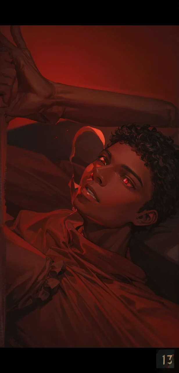 A a black boy of 20 years in a red room