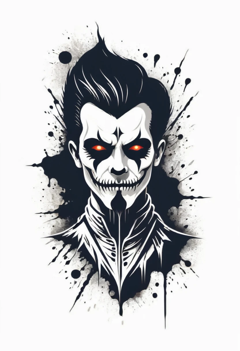 Design do logotipo da Corpse Paint T-shirt Gothic Black Metal Design - Illustration with Figure and Human Skulls and Magic Symbol and Ink Blotches, t shirt design,robust style,just design,White background,no model,proffesional,hight contrast,high resolution,ultra detali,bright coloured,metallic details,sharp focus,Jumpy,dynamic composition,gritty texture,rough brushstrokes,Mechanical elements,Chrome Effect,classic typography,retro style,distressed look,aggressive lines and curves,3D rendering,impressive visual impact,dark shadows,strong brand presence,monochrome palette,Industrial aesthetics