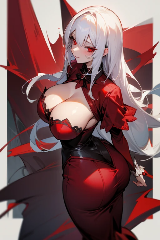 1 vampire, White hair, Red eyes, Red dress, fancy party, giant breasts, in love, daring, huge butt