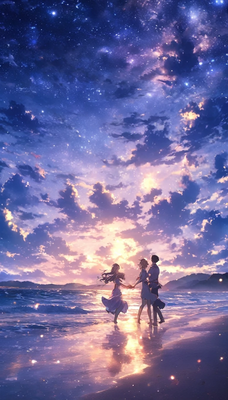 "Please generate a video with a realistic photo-style background and anime-style characters.
The scene is set on a beach at night under a starry sky, where a man and a woman are dancing.
The night is filled with hope and the moonlight illuminates the scene. The waves gently lap at the shore,
creating a serene and magical atmosphere."
Masterpiece, 8K, tabletop, RAW photo, amazing, best quality, photo-real and highly detailed CG integrated 8K wallpaper, high quality
Highly detailed, narrative poetry, particle effects, dynamic effects, character border depth, cinematic light, lens flare, ray tracing, tabletop, real
, ultra-high resolution, fantasy,
Quiet and beautiful grassland, vast land, lakeside, amazing scenery, beautiful natural scenery, night sky,