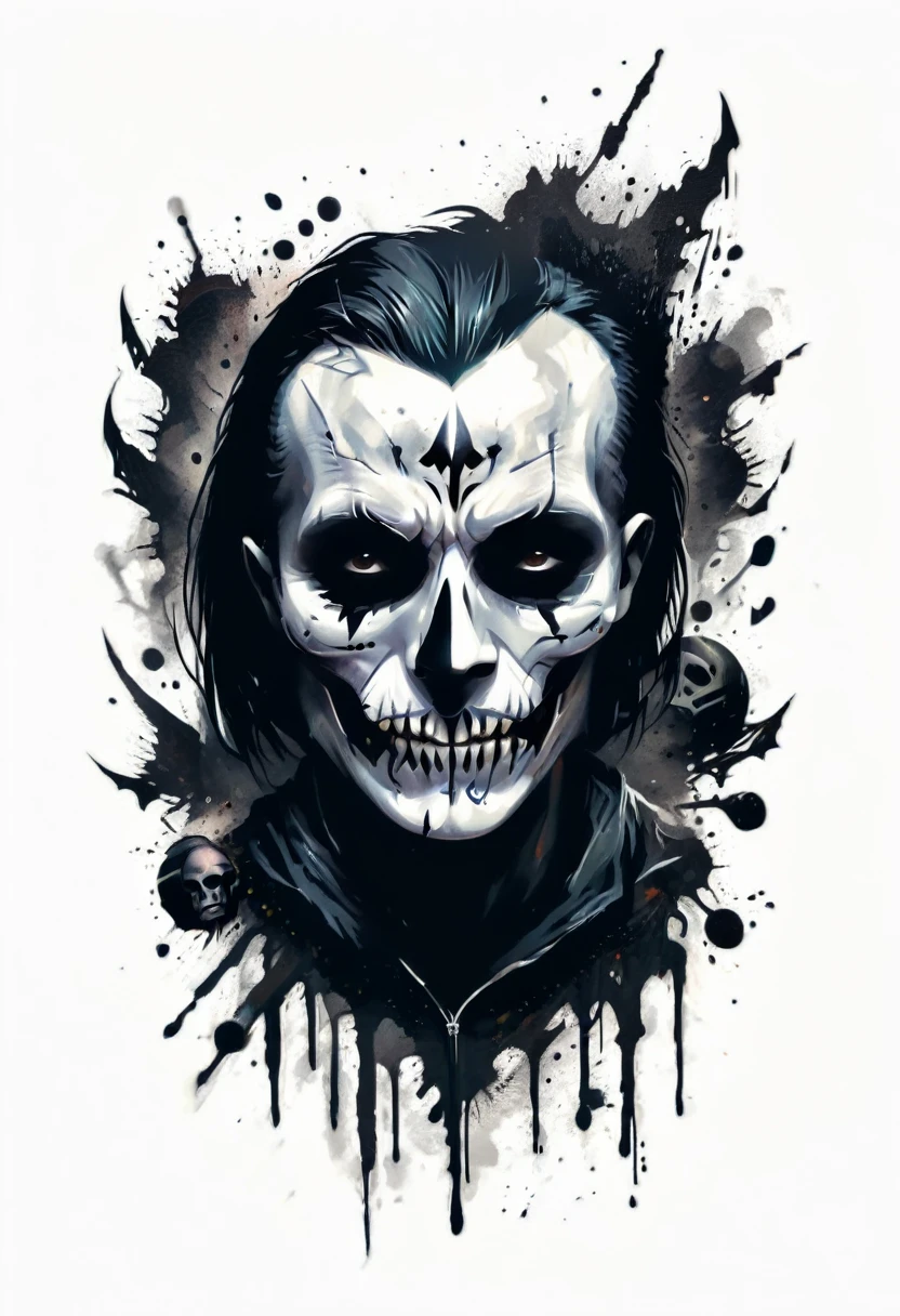 Design do logotipo da Corpse Paint T-shirt Gothic Black Metal Design - Illustration with Figure and Human Skulls and Magic Symbol and Ink Blotches, t shirt design,robust style,just design,White background,no model,proffesional,hight contrast,high resolution,ultra detali,bright coloured,metallic details,sharp focus,Jumpy,dynamic composition,gritty texture,rough brushstrokes,Mechanical elements,Chrome Effect,classic typography,retro style,distressed look,aggressive lines and curves,3D rendering,impressive visual impact,dark shadows,strong brand presence,monochrome palette,Industrial aesthetics