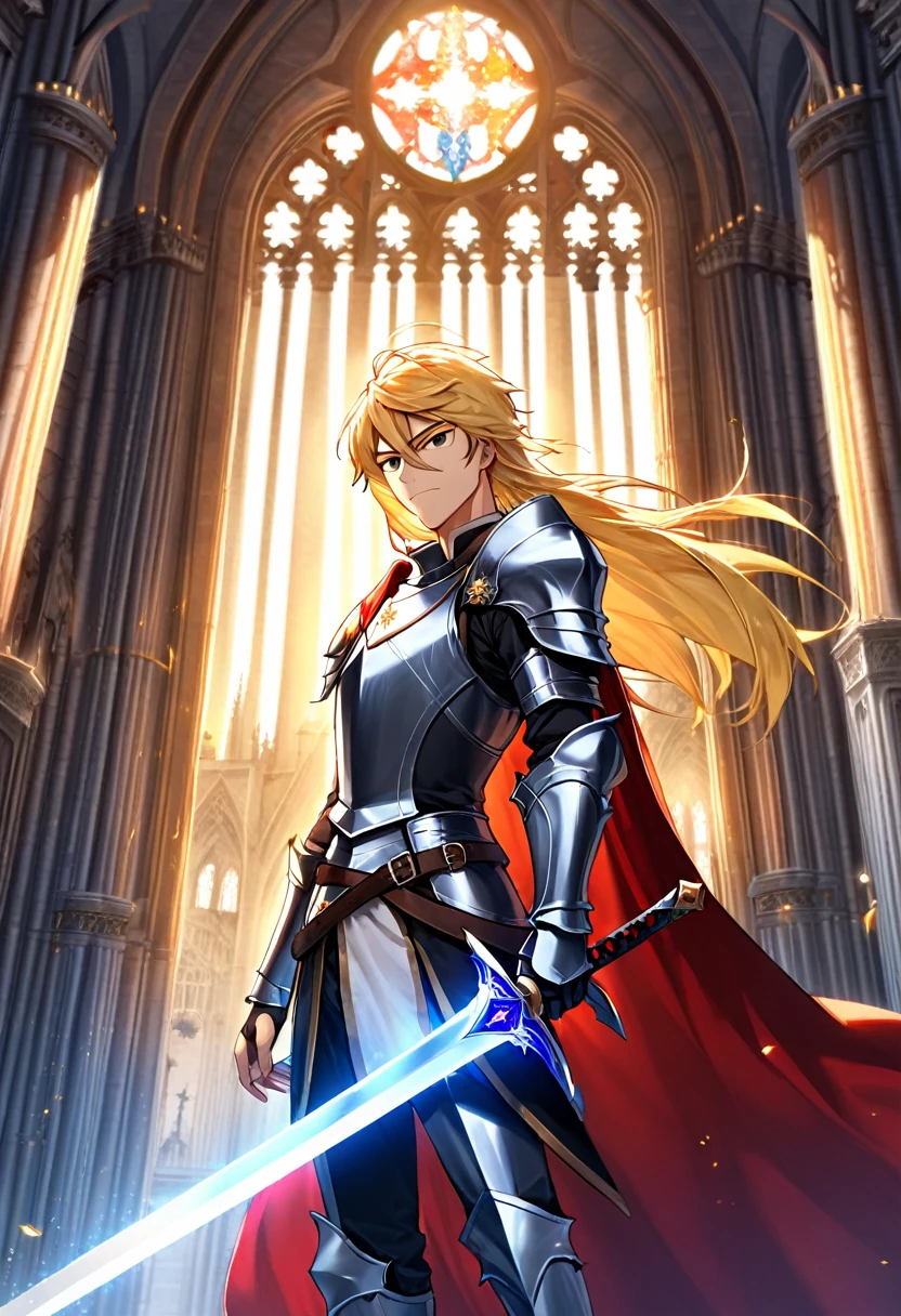 1 thirty years old man, knight, paladin, silver armor, long blond hair, two-handed sword, against the backdrop of a majestic european cathedral, medieval state, against the backdrop of the sun at its zenith, looking at viewer, light, 8k, masterpiece, high res, ultrasharp.