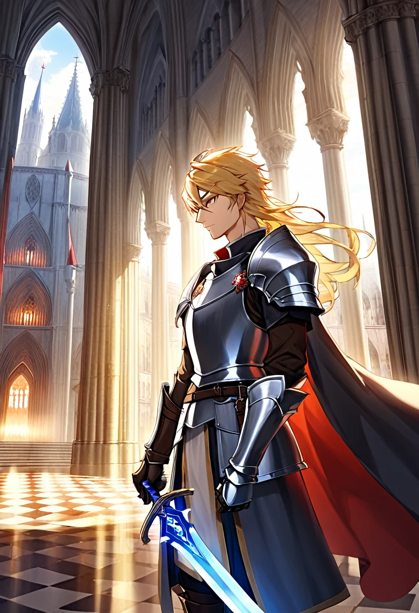 1 thirty years old man, knight, paladin, silver armor, long blond hair, two-handed sword, against the backdrop of a majestic european cathedral, medieval state, against the backdrop of the sun at its zenith, looking at viewer, light, 8k, masterpiece, high res, ultrasharp.
