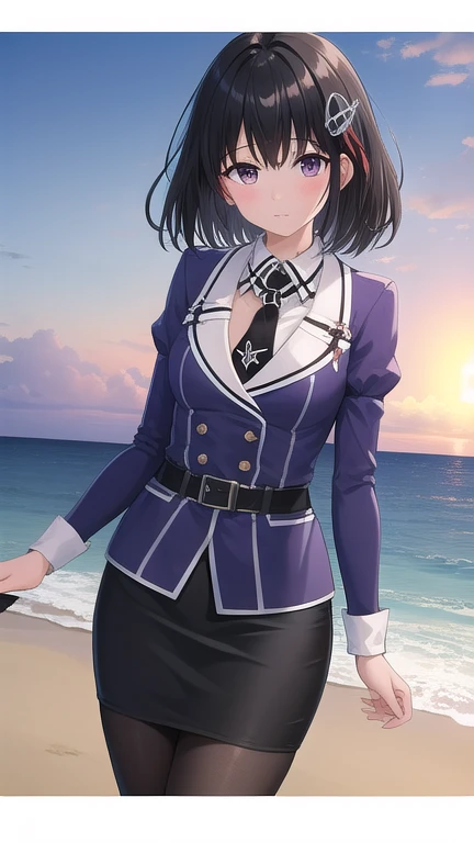 ((masterpiece)),(best quality),official art,extremely detailed CG,unity 8k wallpaper,ultra detailed,A lighthouse on a cliff by the sea,1girl,solo,cowboy shot,white_pantyhose,black_necktie,hair_ornament,short_hair,black_hair,military_uniform,black_eyes,white_gloves,purple jacket,pencil_skirt,black_skirt,brown_eyes,elbow_gloves,