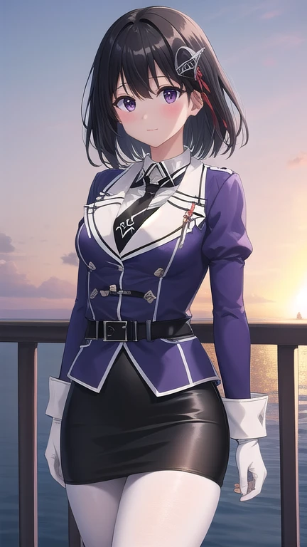 ((masterpiece)),(best quality),official art,extremely detailed CG,unity 8k wallpaper,ultra detailed,A lighthouse on a cliff by the sea,1girl,solo,cowboy shot,white_pantyhose,black_necktie,hair_ornament,short_hair,black_hair,military_uniform,black_eyes,white_gloves,purple jacket,pencil_skirt,black_skirt,brown_eyes,elbow_gloves,