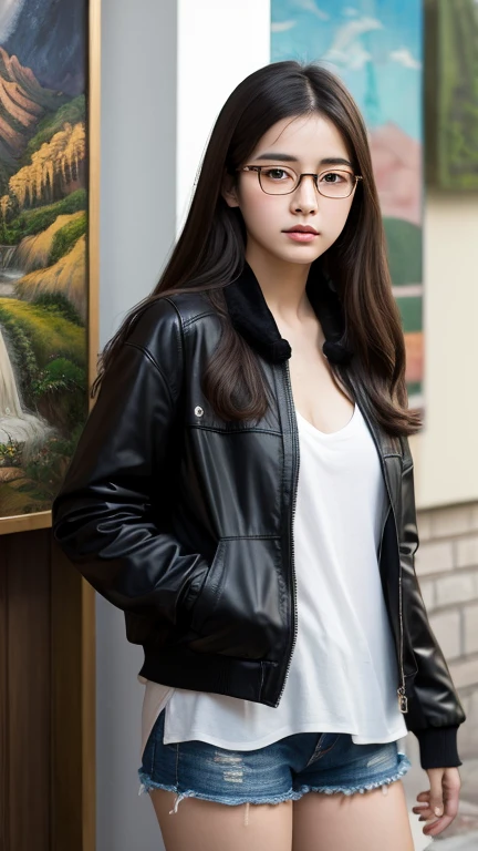 Big Breasts,Beautiful Face,Girl standing outside, Wear glasses, Wearing a black jacket, ((Long Hair)), Paintings inspired by Zou Jie, tumbler, realism, Chen Xintong, Around 19 years old, Qi Chao Wan, Huang Huifeng, Jeron Hsu, Zhang Qifan, Zhangpeng Town, Mongen, Yi Haoren, Zhezhou Chen.