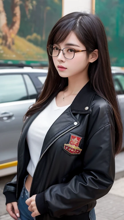 Big Breasts,Beautiful Face,Girl standing outside, Wear glasses, Wearing a black jacket, ((Long Hair)), Paintings inspired by Zou Jie, tumbler, realism, Chen Xintong, Around 19 years old, Qi Chao Wan, Huang Huifeng, Jeron Hsu, Zhang Qifan, Zhangpeng Town, Mongen, Yi Haoren, Zhezhou Chen.