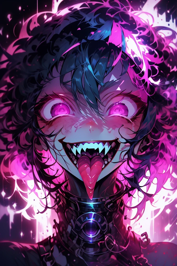 (Screen print:1.3) from below, dramatic, psychophonky, psychotic, crazy smile, glowing eyes, fangs, tongue sticking out constricted pupils, small pupils