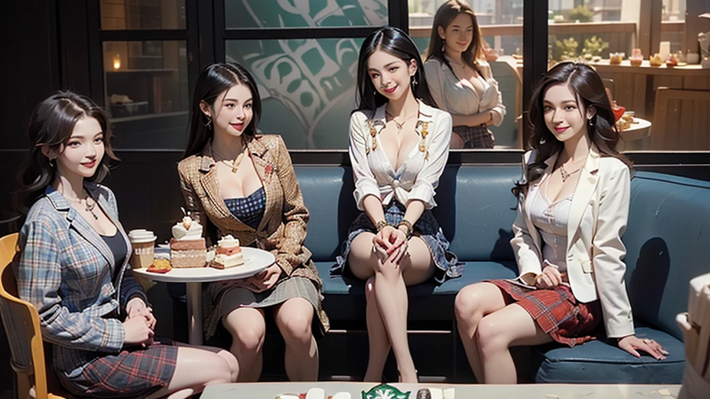 8k、RAW Photos、Highest quality、Super detailed、Super Resolution、Ultra HD、8k wallpaper、Amazing details
((Woman in blazer uniform ((White blouse with formal collar, Blue Blazer, Red Check Skirt, Red checkered ribbon on blouse)), Complete limbs, Full Finger))
(((((Inside the Starbucks store)))))、((16 year old female student))、(((((Eat cake、Drink coffee、smile)))))、(((Heart Necklace、Gold bracelet)))
(((Emphasize cleavage)))
(((((((((Three Women)))))))))
(((((Woman sitting at the window seat)))))
((((Full body photo、The whole body is visible、Full body portrait))))