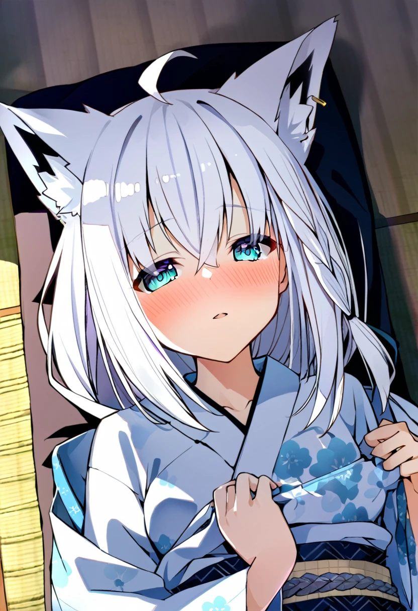 one girl, Shirakami Fubuki, fox ears, white hair, yukata, lying on futon, from above, shy, look at me