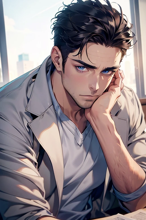 (Best Quality,4k,8k,high resolution,Masterpiece:1.2),ultra detailed,(realist,photorealist,photo-realist:1.37),1 man,31 years,mature man,very handsome,without expresion,muscled body,short gray black hair,Blue eyes,glare,perfect face without mistakes,imposing posture,businessman,office background,cinematic lighting,imagen HDR