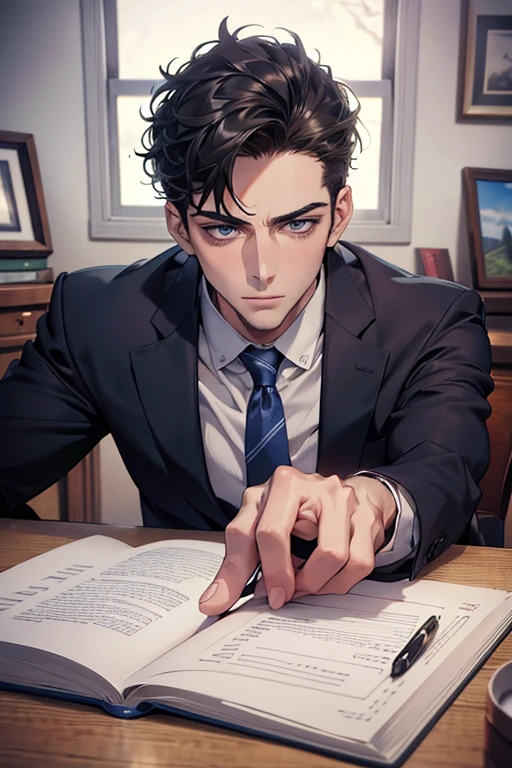 (Best Quality,4k,8k,high resolution,Masterpiece:1.2),ultra detailed,(realist,photorealist,photo-realist:1.37),1 man,31 years,mature man,very handsome,without expresion,muscled body,short gray black hair,Blue eyes,glare,perfect face without mistakes,imposing posture,businessman,office background,cinematic lighting,imagen HDR