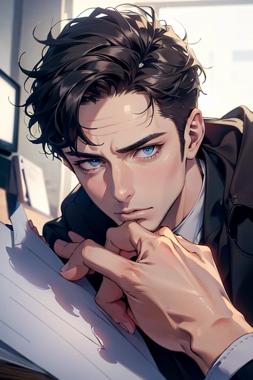 (Best Quality,4k,8k,high resolution,Masterpiece:1.2),ultra detailed,(realist,photorealist,photo-realist:1.37),1 man,31 years,mature man,very handsome,without expresion,muscled body,short gray black hair,Blue eyes,glare,perfect face without mistakes,imposing posture,businessman,office background,cinematic lighting,imagen HDR
