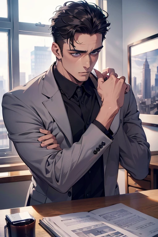 (Best Quality,4k,8k,high resolution,Masterpiece:1.2),ultra detailed,(realist,photorealist,photo-realist:1.37),1 man,31 years,mature man,very handsome,without expresion,muscled body,short gray black hair,Blue eyes,glare,perfect face without mistakes,imposing posture,businessman,office background,cinematic lighting,imagen HDR