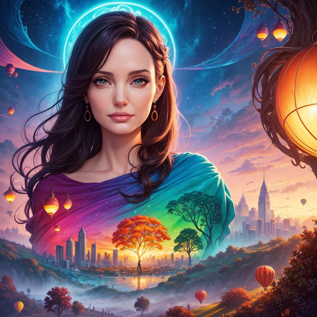 a painting of gigantic woman's head with face of Winona Ryder morphed with Angelina Jolie with colorful hair in a shape of tree and lianas, a neck growing out of the ground, dalightful smile, a city skyline, hot air balloons, flying bulbs and plant trees in the air, beeple and jeremiah ketner, dan mumford tom bagshaw, colorfull digital fantasy art, inspired by Cyril Rolando, inspiring digital art, colorful digital painting, paint splashes, paint driping, gorgeous digital art, beautiful art uhd 4 k, stunning digital illustration, vibrant digital painting, stylized digital art
