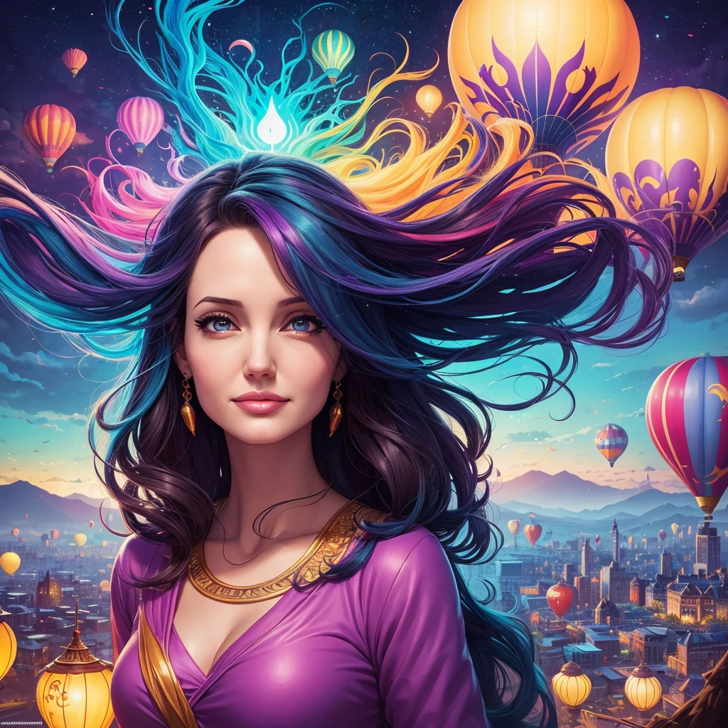 a painting of gigantic woman's head with face of Winona Ryder morphed with Angelina Jolie with colorful hair in a shape of tree and lianas, a neck growing out of the ground, dalightful smile, a city skyline, hot air balloons, flying bulbs and plant trees in the air, beeple and jeremiah ketner, dan mumford tom bagshaw, colorfull digital fantasy art, inspired by Cyril Rolando, inspiring digital art, colorful digital painting, paint splashes, paint driping, gorgeous digital art, beautiful art uhd 4 k, stunning digital illustration, vibrant digital painting, stylized digital art