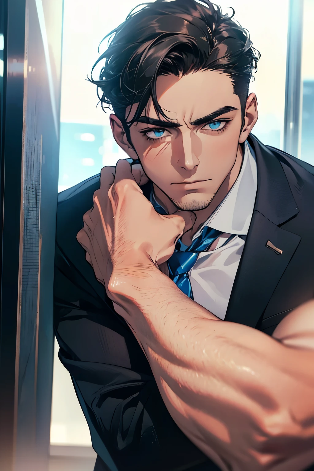 (Best Quality,4k,8k,high resolution,Masterpiece:1.2),ultra detailed,(realist,photorealist,photo-realist:1.37),1 man,31 years,mature man,very handsome,without expresion,muscled body,short gray black hair,Blue eyes,glare,perfect face without mistakes,imposing posture,businessman,office background,cinematic lighting,imagen HDR